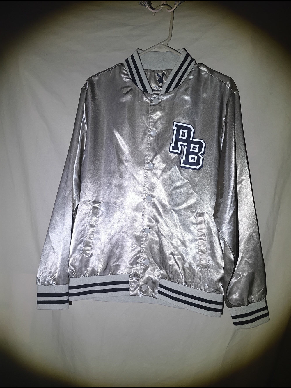 Playboy Silver Satin Varsity Bomber Jacket Merch Traffic Size Small